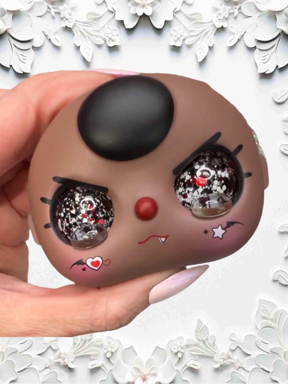 Baby Three 100% Brown Face Black Hair Red Black White Liquid Glitter Crying Eyes